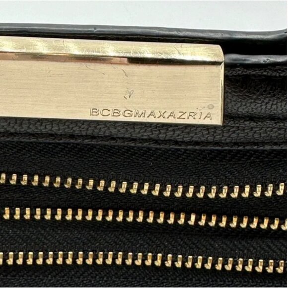 BCBGMaxAzria Black Clutch Genuine Leather Trim Elegant Gold Zipper Design - Picture 3 of 11